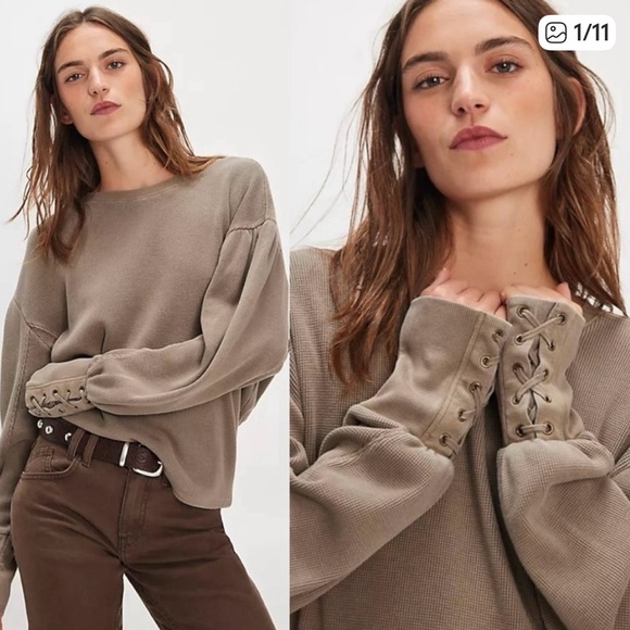 Free People We the Free Lapis Cuff Waffle Knit Top in Black-XL - Picture 4 of 10